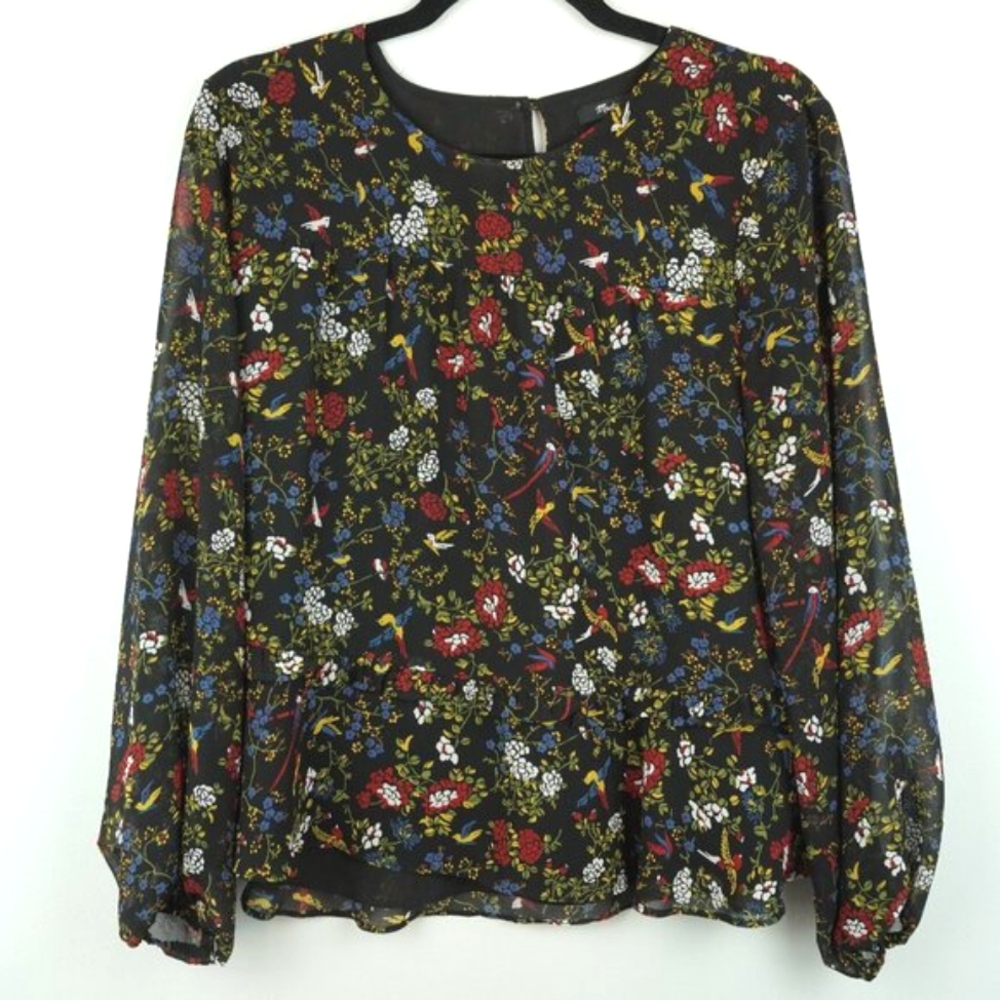 Madewell Black Floral Birds Lined Sheer Blouse Elastic Arm Cuffs Size Large‎